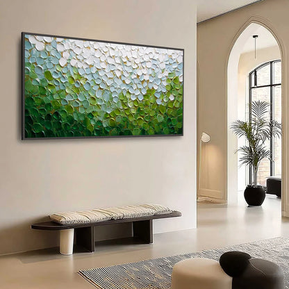 EMERALD PETALS: Textured Abstract Green & White Impasto Landscape Painting | Abstract mood, soft natural light studio shot