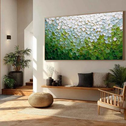 EMERALD PETALS: Textured Abstract Green & White Impasto Landscape Painting | green palette, original Hand-painted on premium stretched canvas using artist-grade oils; rich layered surface combines ...