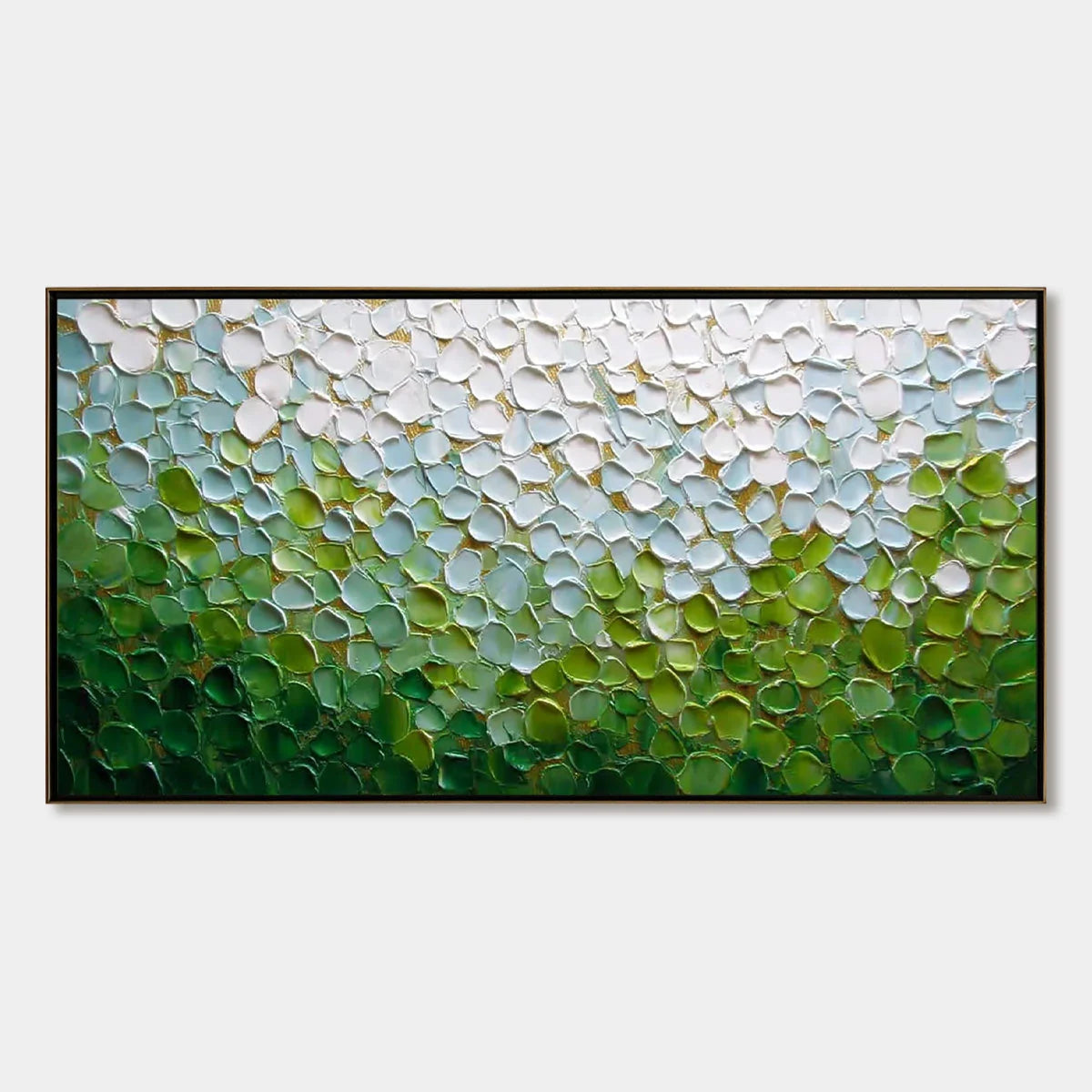 EMERALD PETALS: Textured Abstract Green & White Impasto Landscape Painting | hanging in EMERALD PETALS: Textured Abstract Green & White Impasto Landscape Painting featuring layered textured brushwo...