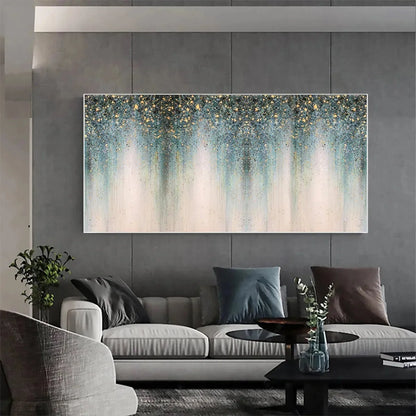 EMERALD RAIN: Panoramic Abstract Oil Painting with Gold and Green | Abstract closeup, raised brushwork detail