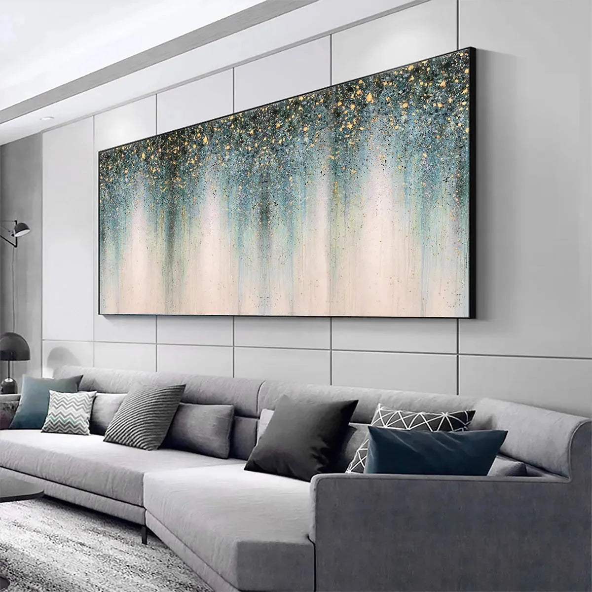 EMERALD RAIN: Panoramic Abstract Oil Painting with Gold and Green | gold frame stretched on neutral wall
