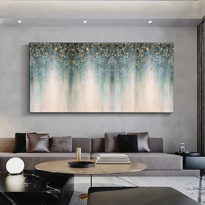 EMERALD RAIN: Panoramic Abstract Oil Painting with Gold and Green | black frame version on white wall