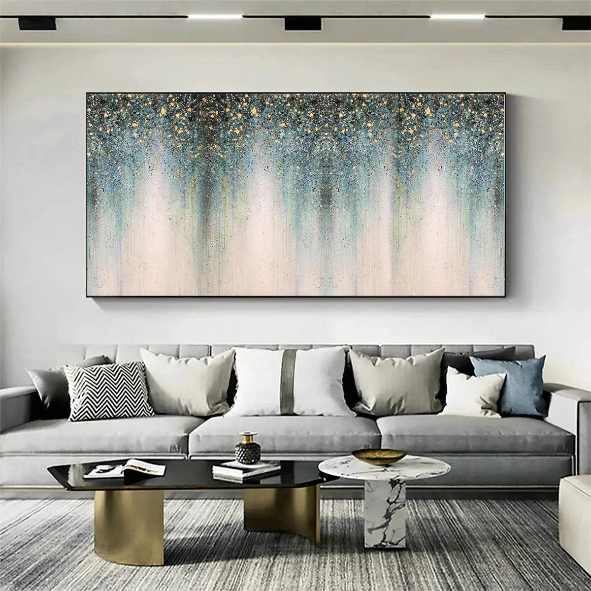 EMERALD RAIN: Panoramic Abstract Oil Painting with Gold and Green | Abstract mood, soft natural light studio shot