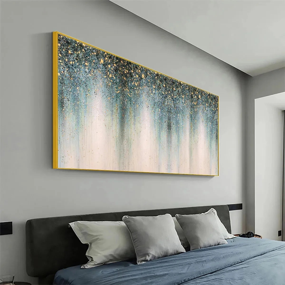 EMERALD RAIN: Panoramic Abstract Oil Painting with Gold and Green | green palette, original Hand-painted on premium stretched canvas using artist-grade oils; rich layered surface combines smooth gr...