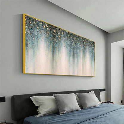 EMERALD RAIN: Panoramic Abstract Oil Painting with Gold and Green | green palette, original Hand-painted on premium stretched canvas using artist-grade oils; rich layered surface combines smooth gr...