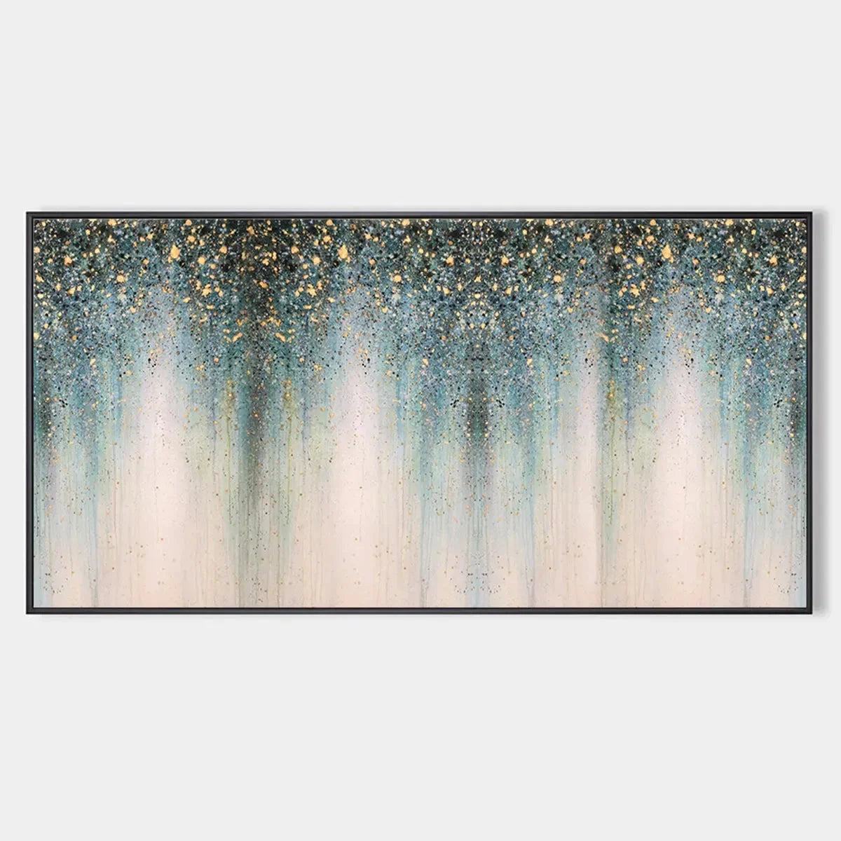 EMERALD RAIN: Panoramic Abstract Oil Painting with Gold and Green | hanging in EMERALD RAIN: Panoramic Abstract Oil Painting with Gold and Green featuring layered textured brushwork in refined tone...