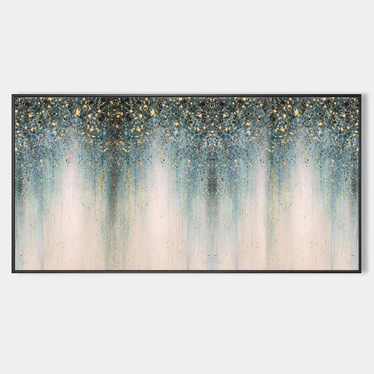 EMERALD RAIN: Panoramic Abstract Oil Painting with Gold and Green | hanging in EMERALD RAIN: Panoramic Abstract Oil Painting with Gold and Green featuring layered textured brushwork in refined tone...