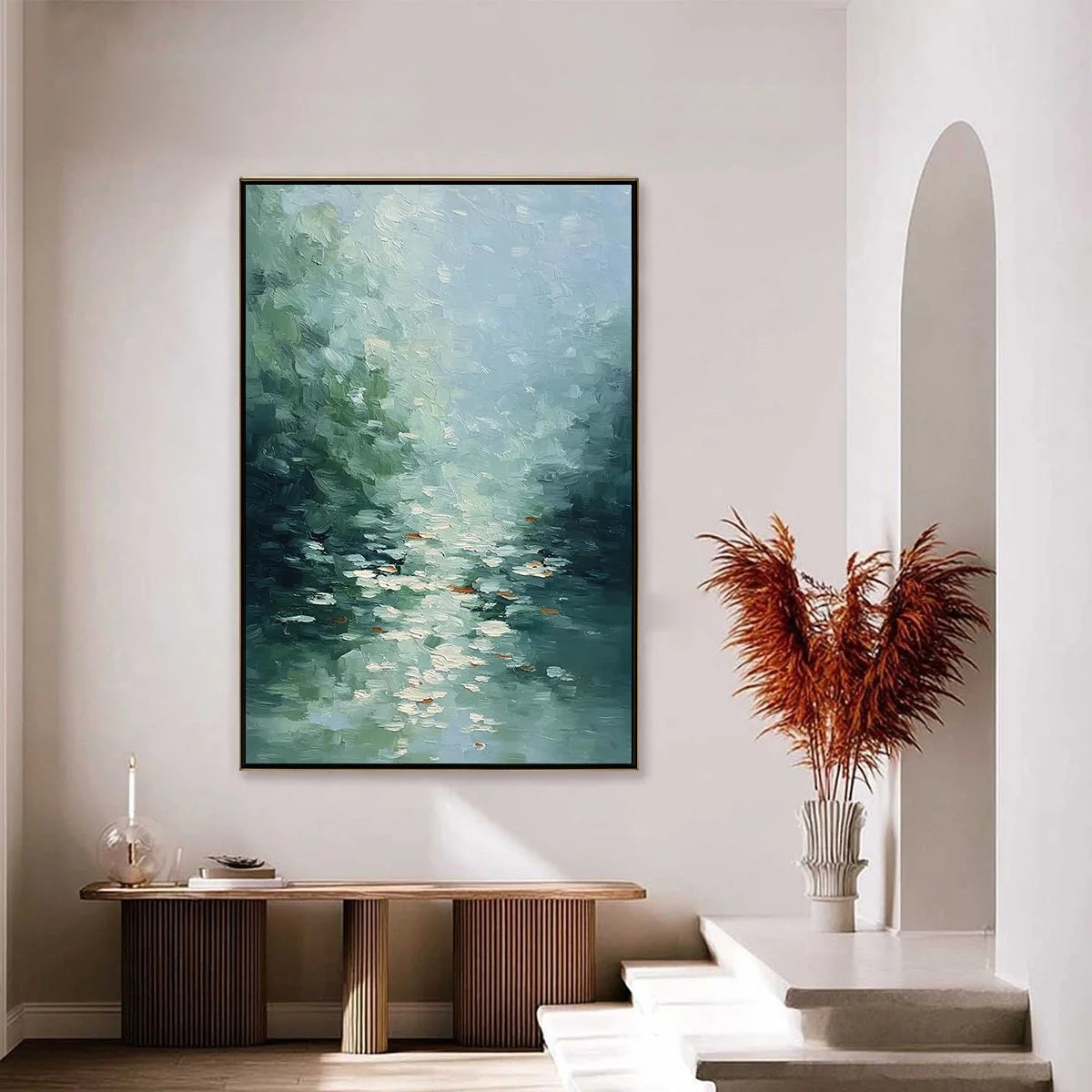 EMERALD REFLECTIONS: Textured Abstract Wabi Sabi Seascape Painting | gold frame stretched on neutral wall