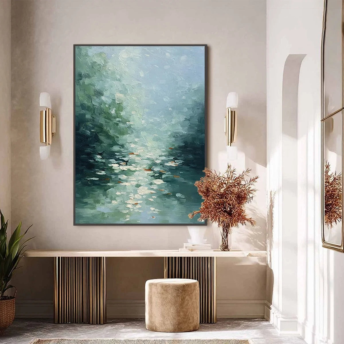 EMERALD REFLECTIONS: Textured Abstract Wabi Sabi Seascape Painting | black frame version on white wall
