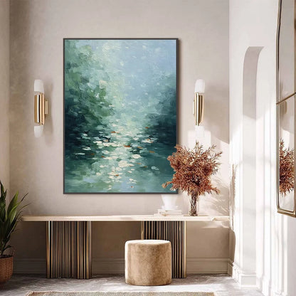 EMERALD REFLECTIONS: Textured Abstract Wabi Sabi Seascape Painting | black frame version on white wall