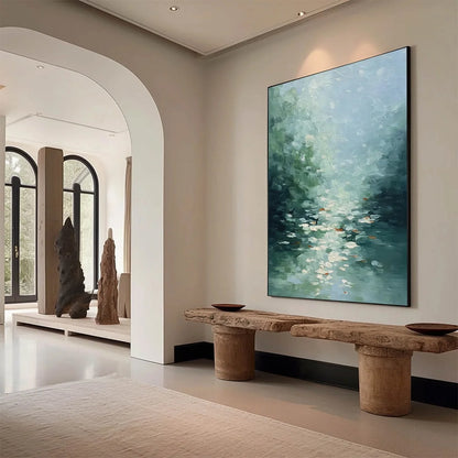 EMERALD REFLECTIONS: Textured Abstract Wabi Sabi Seascape Painting | Abstract mood, soft natural light studio shot