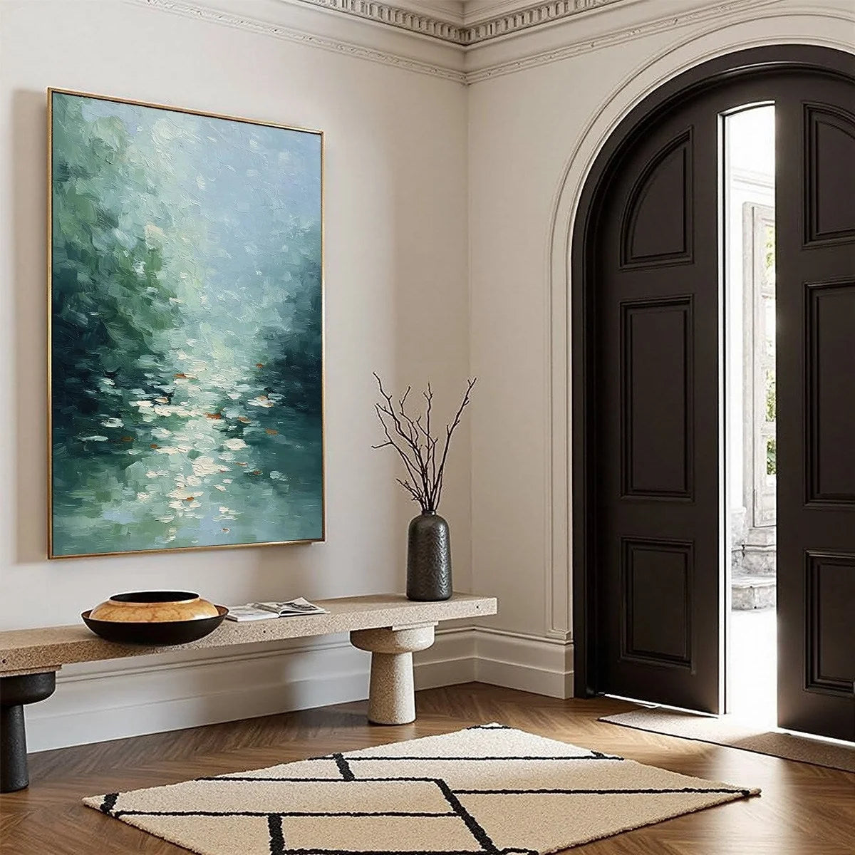 EMERALD REFLECTIONS: Textured Abstract Wabi Sabi Seascape Painting | green palette, original Hand-painted on premium stretched canvas using artist-grade oils; rich layered surface combines smooth g...