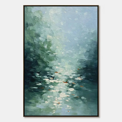EMERALD REFLECTIONS: Textured Abstract Wabi Sabi Seascape Painting | hanging in EMERALD REFLECTIONS: Textured Abstract Wabi Sabi Seascape Painting featuring layered textured brushwork in refined to...