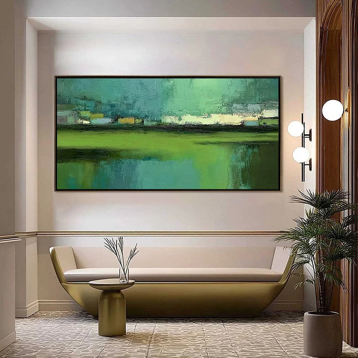 EMERALD REFLECTIONS: Textured Wabi Sabi Abstract Landscape Painting | Abstract closeup, raised brushwork detail