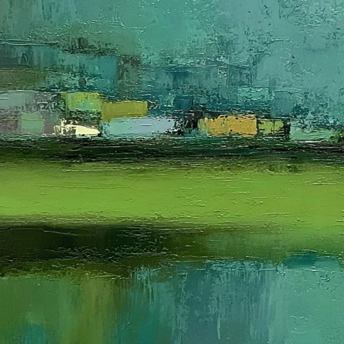 EMERALD REFLECTIONS: Textured Wabi Sabi Abstract Landscape Painting | rectangular format, hand-painted canvas edge