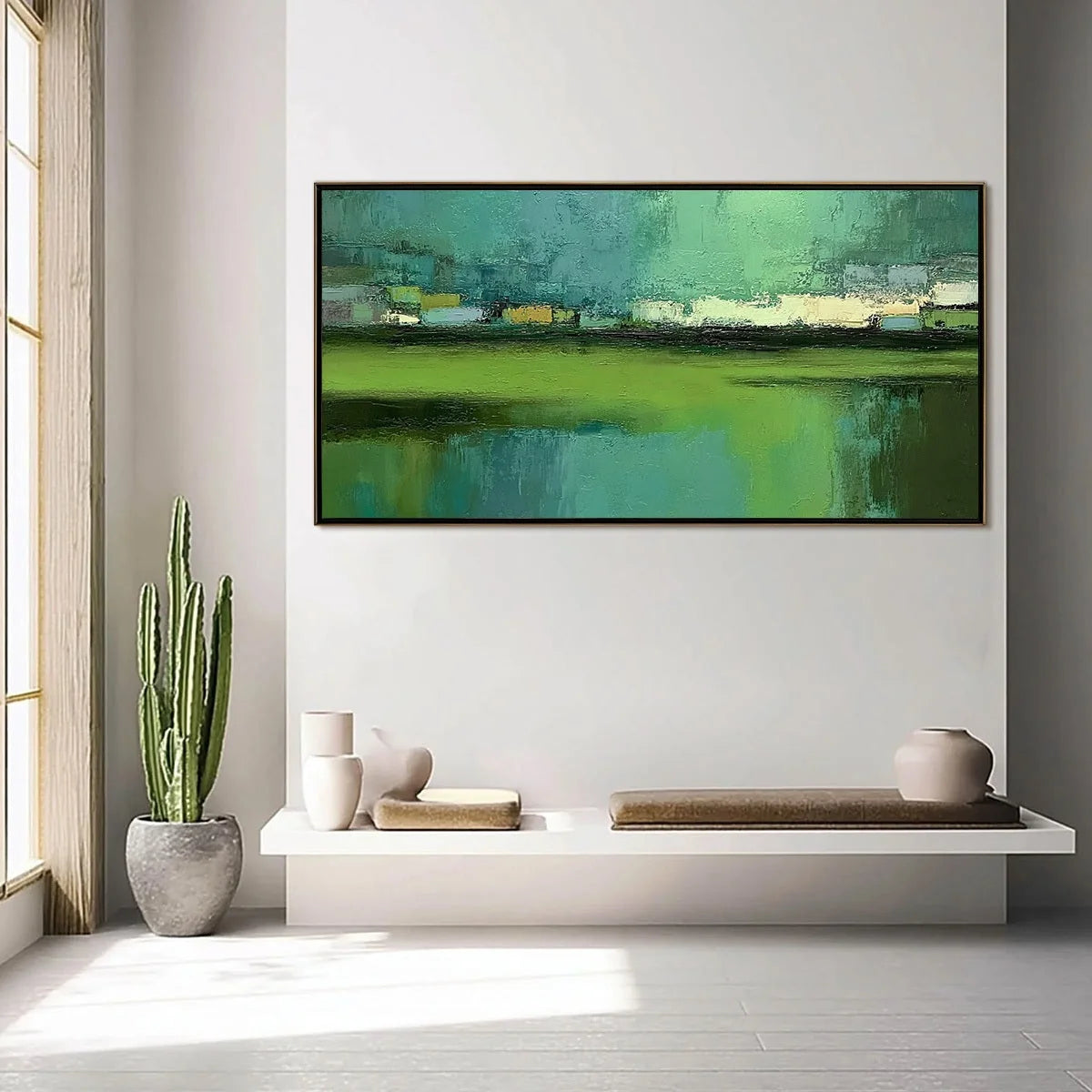 EMERALD REFLECTIONS: Textured Wabi Sabi Abstract Landscape Painting | gold frame stretched on neutral wall