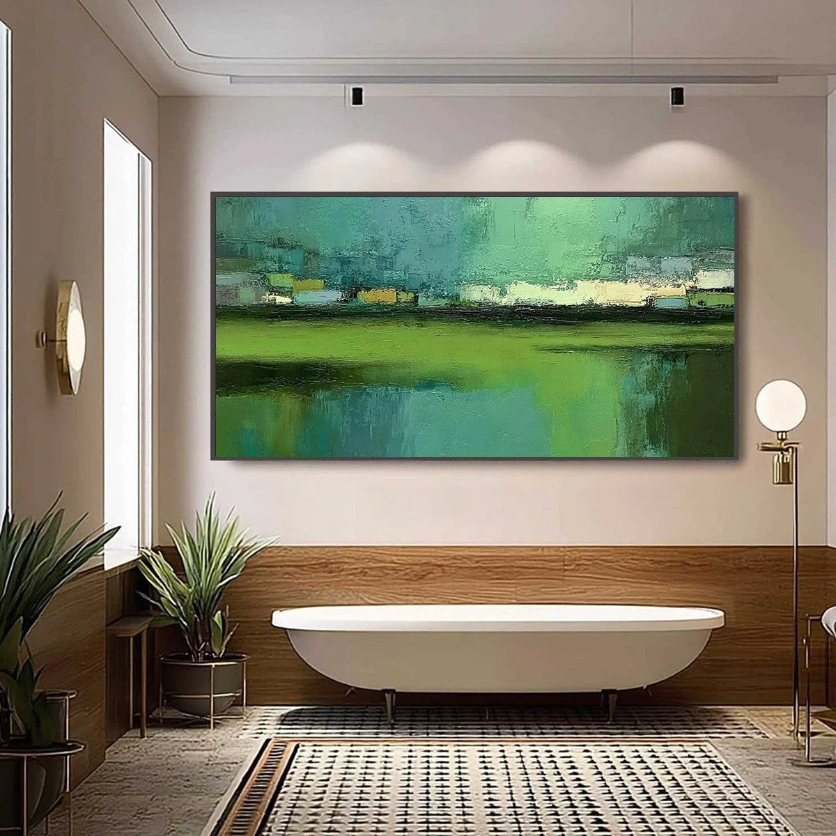 EMERALD REFLECTIONS: Textured Wabi Sabi Abstract Landscape Painting | black frame version on white wall
