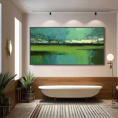 EMERALD REFLECTIONS: Textured Wabi Sabi Abstract Landscape Painting | black frame version on white wall