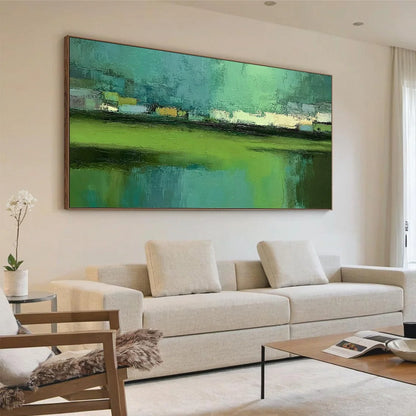 EMERALD REFLECTIONS: Textured Wabi Sabi Abstract Landscape Painting | Abstract mood, soft natural light studio shot