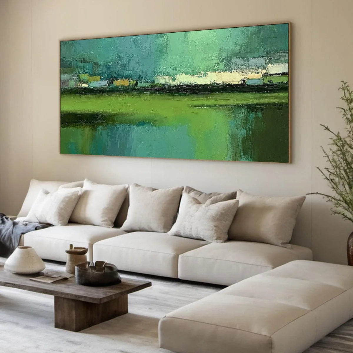 EMERALD REFLECTIONS: Textured Wabi Sabi Abstract Landscape Painting | green palette, original Hand-painted on premium stretched canvas using artist-grade oils; rich layered surface combines smooth ...