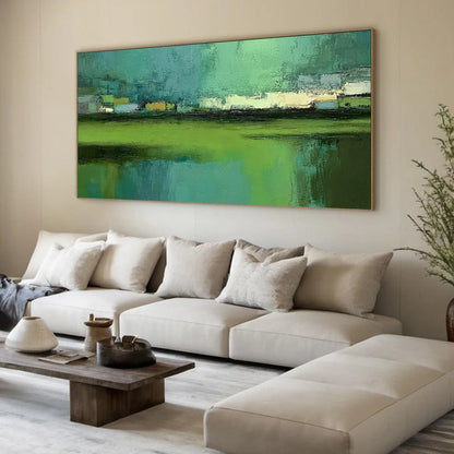 EMERALD REFLECTIONS: Textured Wabi Sabi Abstract Landscape Painting | green palette, original Hand-painted on premium stretched canvas using artist-grade oils; rich layered surface combines smooth ...
