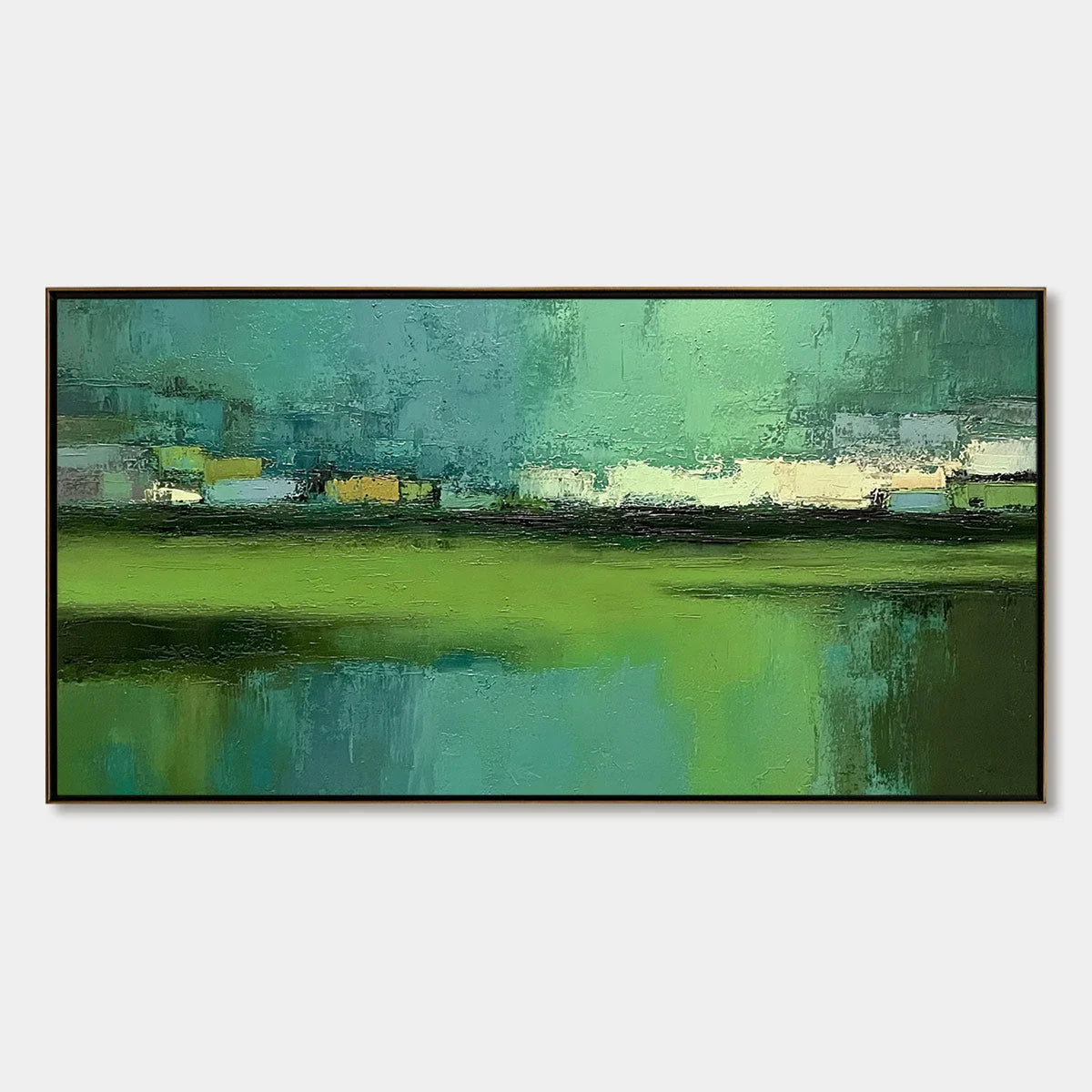 EMERALD REFLECTIONS: Textured Wabi Sabi Abstract Landscape Painting | hanging in EMERALD REFLECTIONS: Textured Wabi Sabi Abstract Landscape Painting featuring layered textured brushwork in refined ...