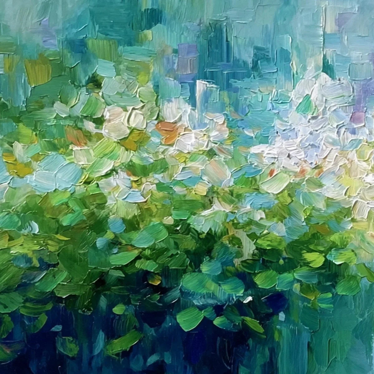 EMERALD REVERIE: Textured Abstract Floral Landscape Palette Knife Painting | rectangular format, hand-painted canvas edge