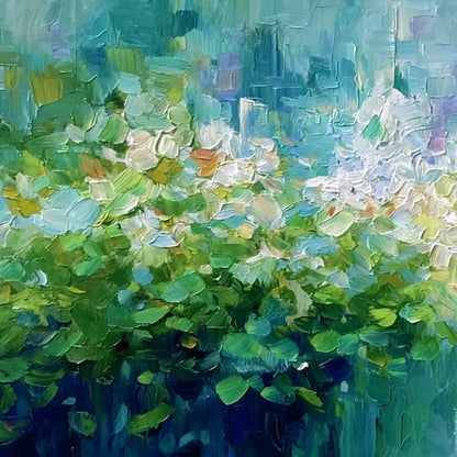 EMERALD REVERIE: Textured Abstract Floral Landscape Palette Knife Painting | rectangular format, hand-painted canvas edge