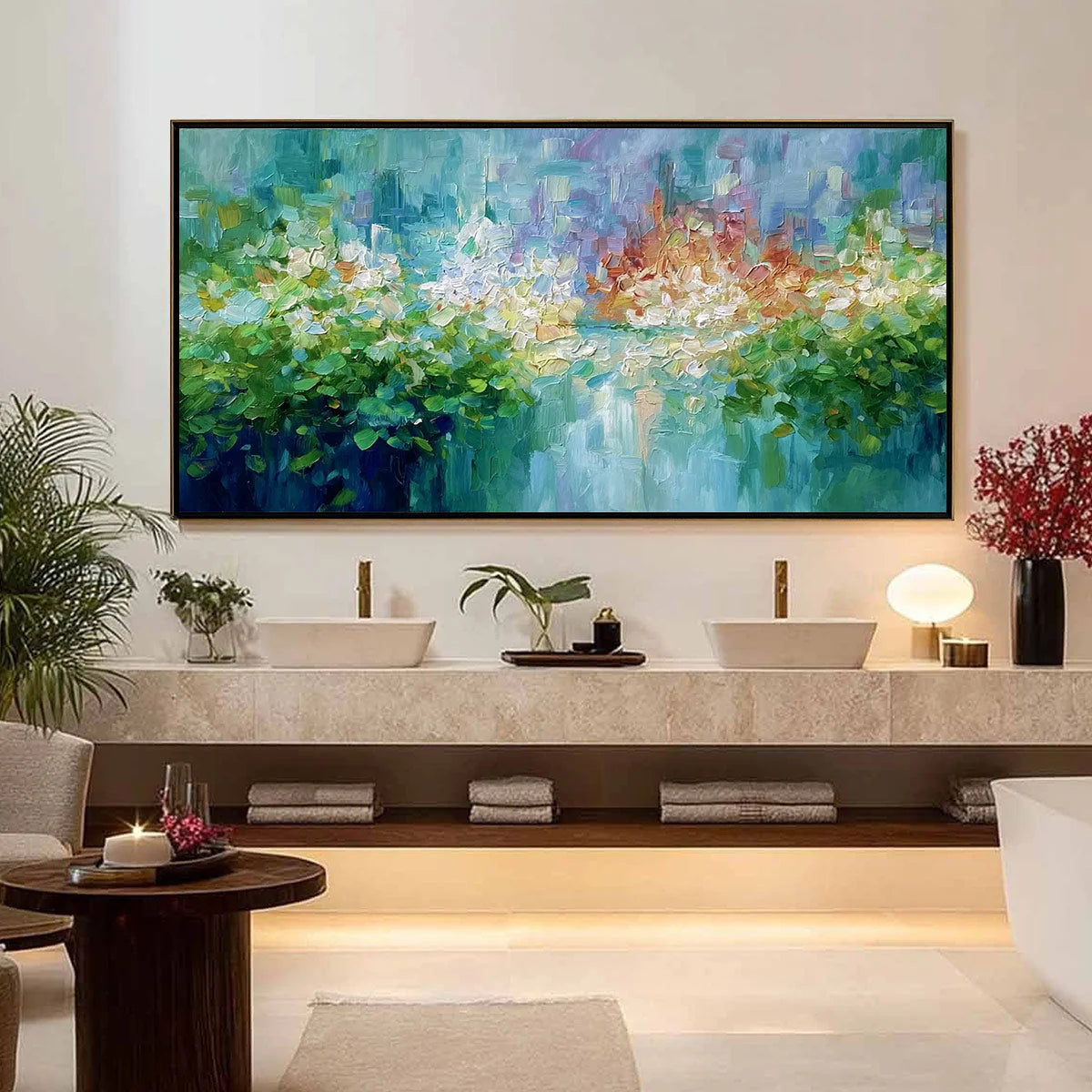 EMERALD REVERIE: Textured Abstract Floral Landscape Palette Knife Painting | gold frame stretched on neutral wall