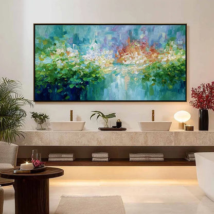 EMERALD REVERIE: Textured Abstract Floral Landscape Palette Knife Painting | gold frame stretched on neutral wall