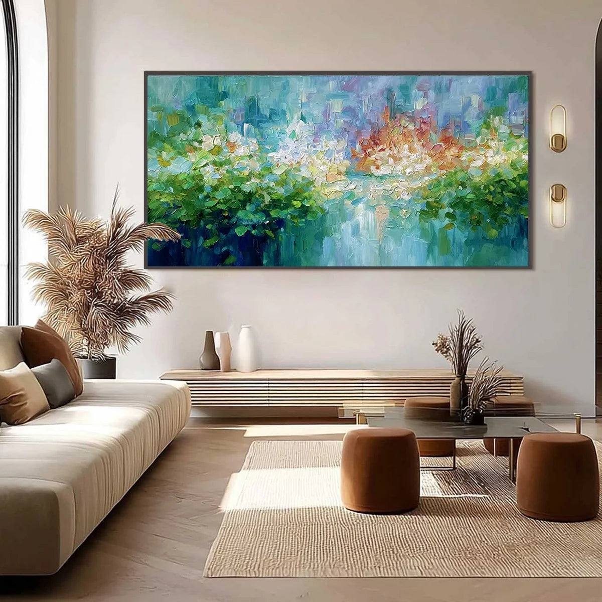 EMERALD REVERIE: Textured Abstract Floral Landscape Palette Knife Painting | black frame version on white wall