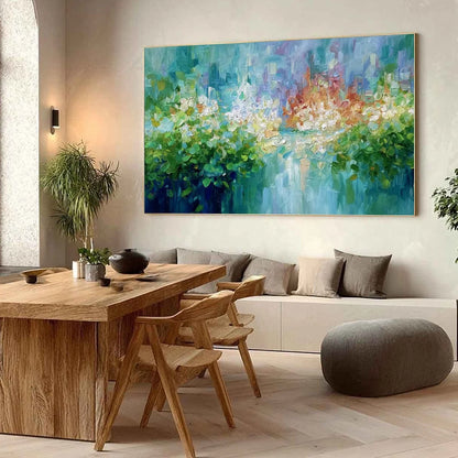 EMERALD REVERIE: Textured Abstract Floral Landscape Palette Knife Painting | Abstract mood, soft natural light studio shot