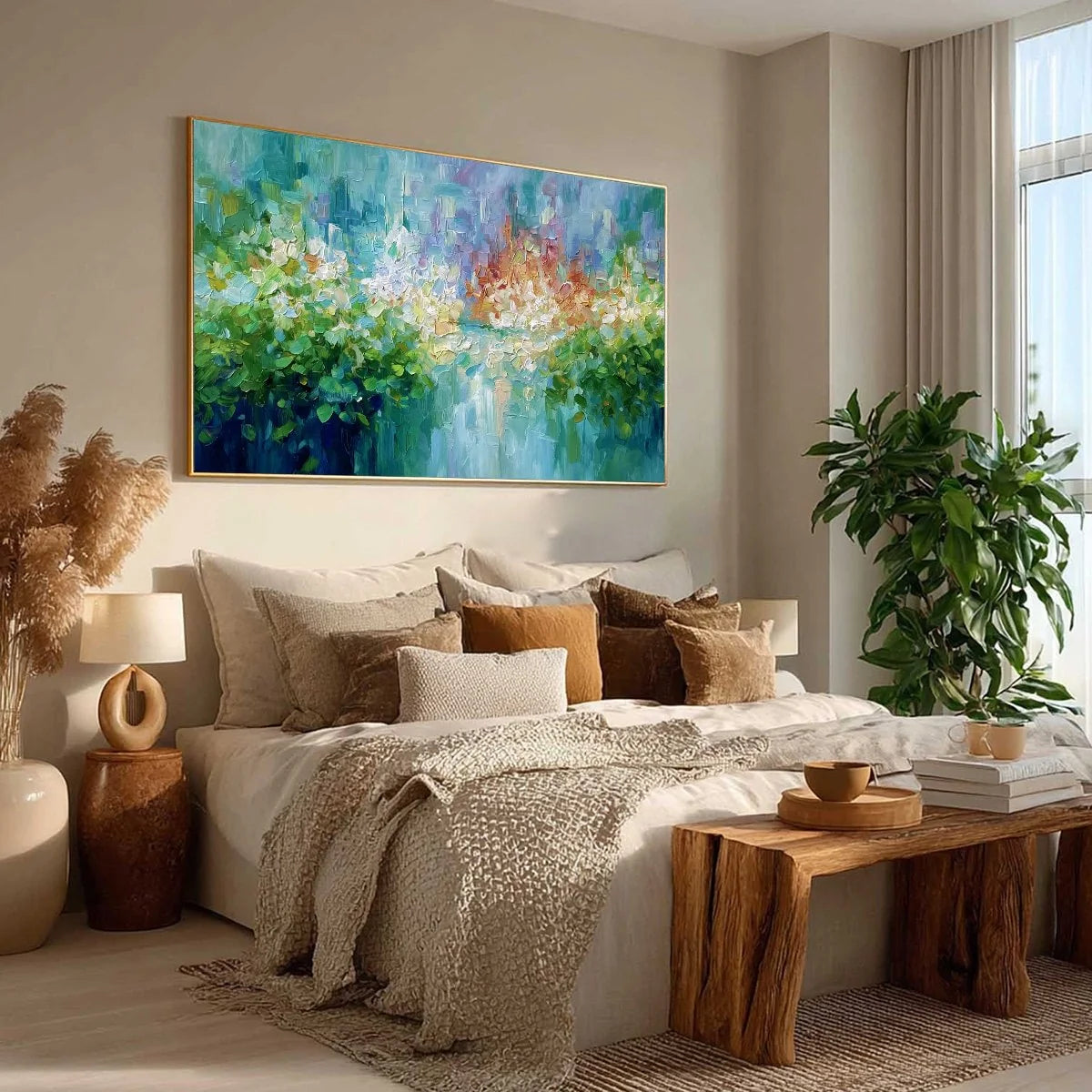 EMERALD REVERIE: Textured Abstract Floral Landscape Palette Knife Painting | green palette, original Hand-painted on premium stretched canvas using artist-grade oils; rich layered surface combines ...