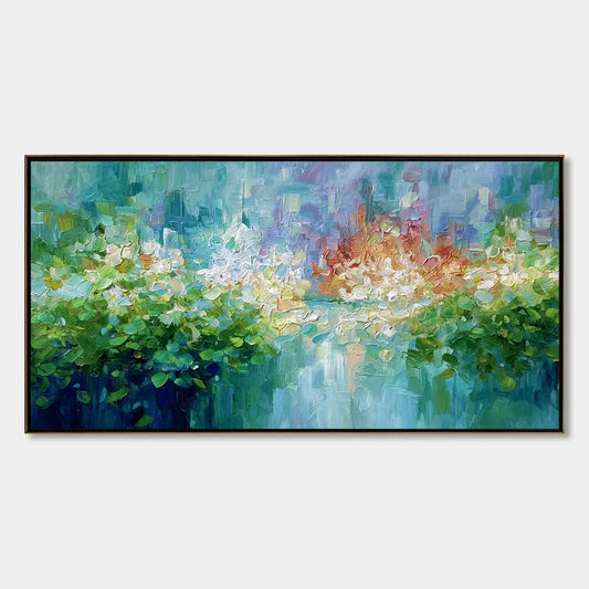 EMERALD REVERIE: Textured Abstract Floral Landscape Palette Knife Painting | hanging in EMERALD REVERIE: Textured Abstract Floral Landscape Palette Knife Painting featuring layered textured brushwo...