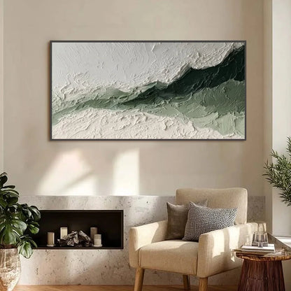 EMERALD RIDGE: Heavily Textured Wabi Sabi Abstract Landscape Painting | gold frame stretched on neutral wall