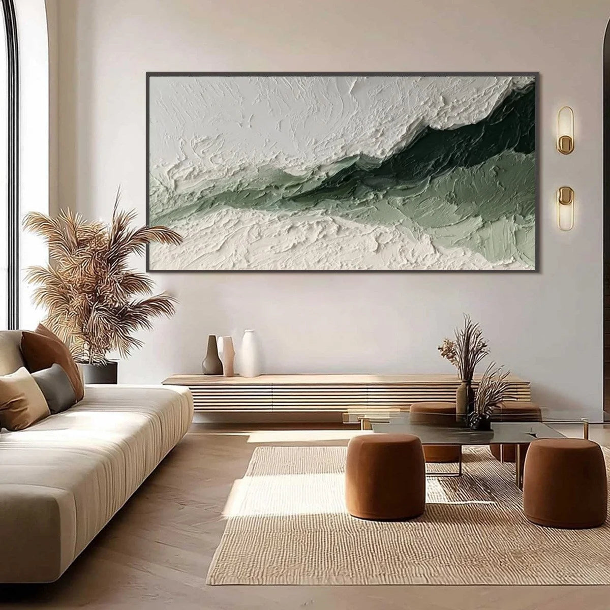 EMERALD RIDGE: Heavily Textured Wabi Sabi Abstract Landscape Painting | black frame version on white wall