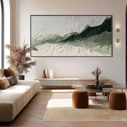 EMERALD RIDGE: Heavily Textured Wabi Sabi Abstract Landscape Painting | black frame version on white wall