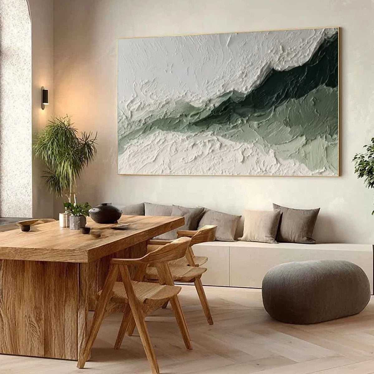 EMERALD RIDGE: Heavily Textured Wabi Sabi Abstract Landscape Painting | Abstract mood, soft natural light studio shot
