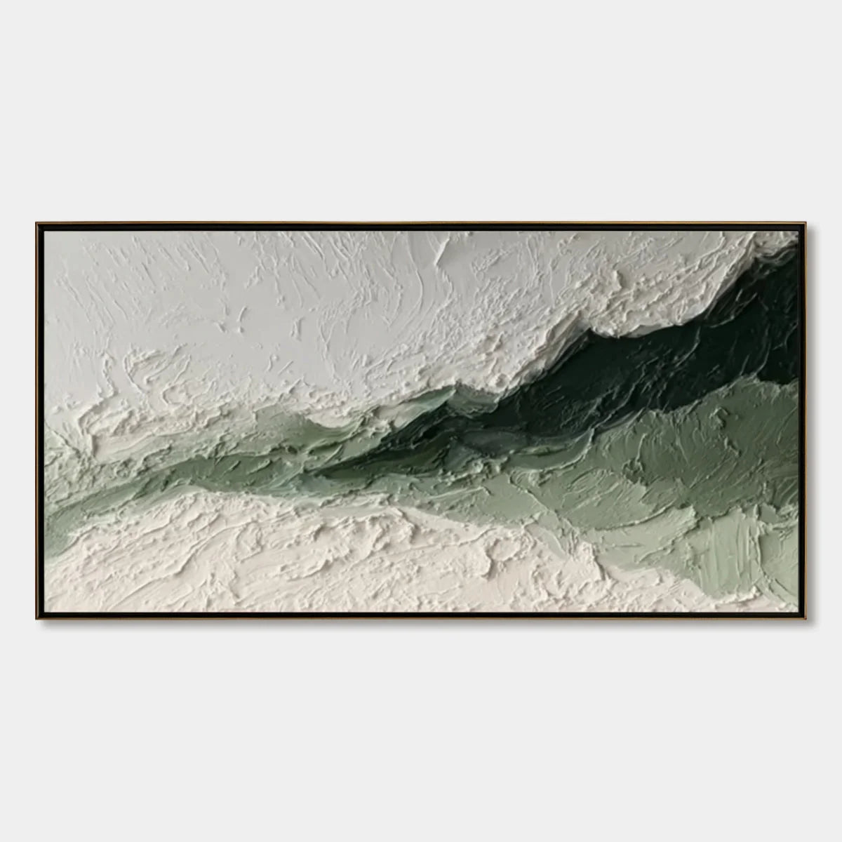 EMERALD RIDGE: Heavily Textured Wabi Sabi Abstract Landscape Painting | hanging in EMERALD RIDGE: Heavily Textured Wabi Sabi Abstract Landscape Painting featuring layered textured brushwork in refi...