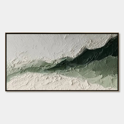 EMERALD RIDGE: Heavily Textured Wabi Sabi Abstract Landscape Painting | hanging in EMERALD RIDGE: Heavily Textured Wabi Sabi Abstract Landscape Painting featuring layered textured brushwork in refi...
