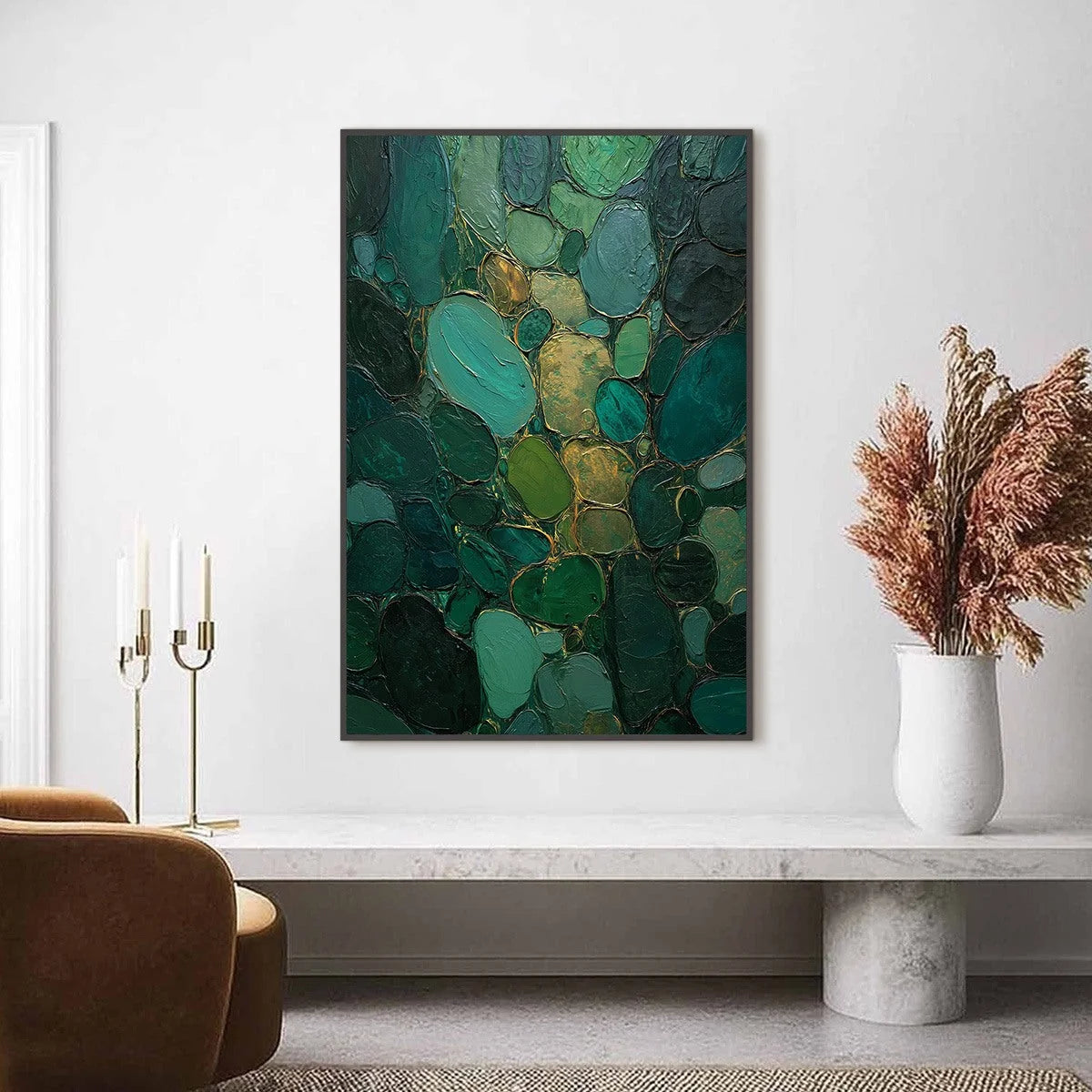 Emerald Riverbed Green Gold Textured Abstract Oil Painting | Abstract closeup, raised brushwork detail