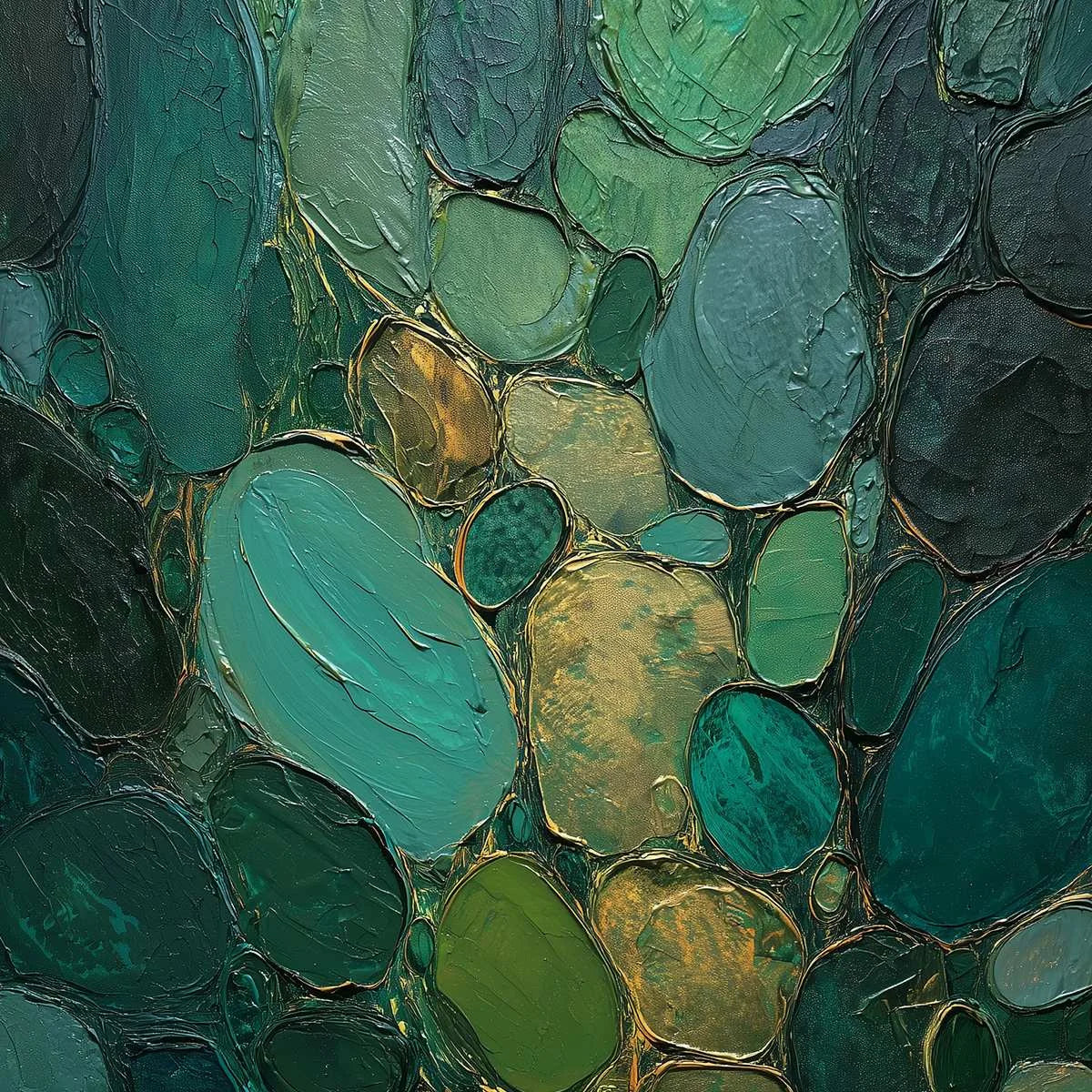 Emerald Riverbed Green Gold Textured Abstract Oil Painting | rectangular format, hand-painted canvas edge