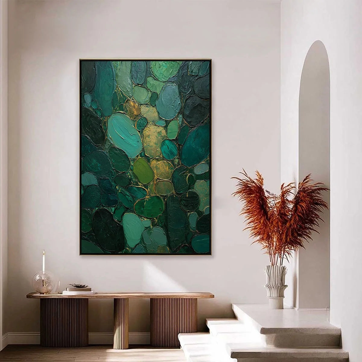 Emerald Riverbed Green Gold Textured Abstract Oil Painting | gold frame stretched on neutral wall