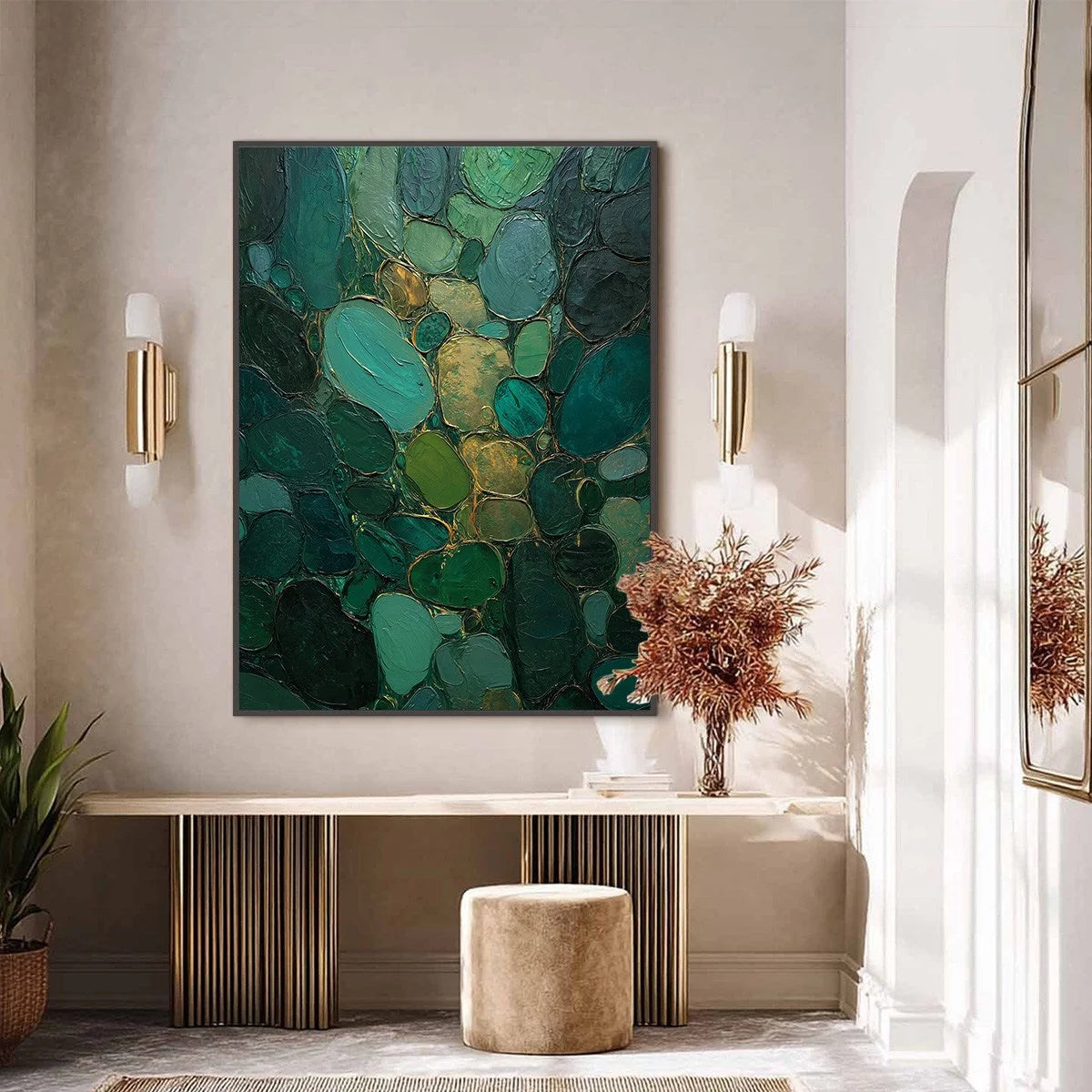 Emerald Riverbed Green Gold Textured Abstract Oil Painting | black frame version on white wall