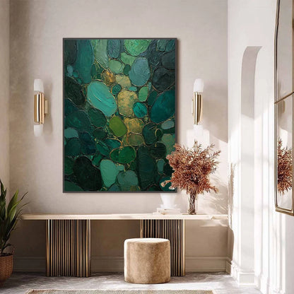 Emerald Riverbed Green Gold Textured Abstract Oil Painting | black frame version on white wall