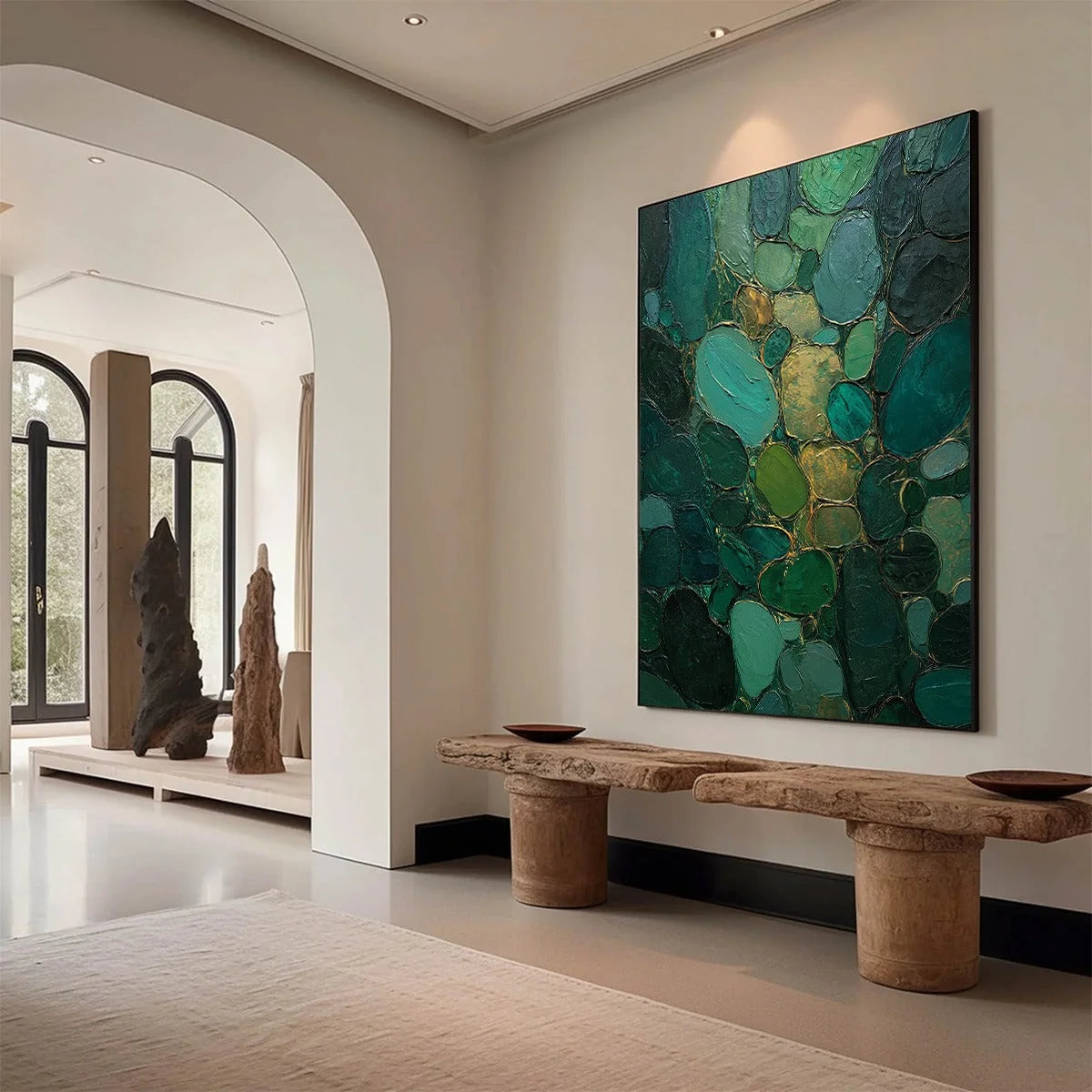 Emerald Riverbed Green Gold Textured Abstract Oil Painting | Abstract mood, soft natural light studio shot