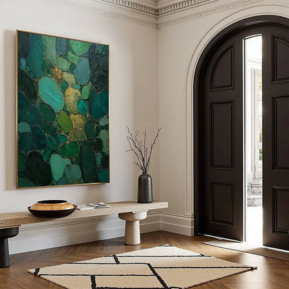 Emerald Riverbed Green Gold Textured Abstract Oil Painting | green palette, original Hand-painted on premium stretched canvas using artist-grade oils; rich layered surface combines smooth gradients...