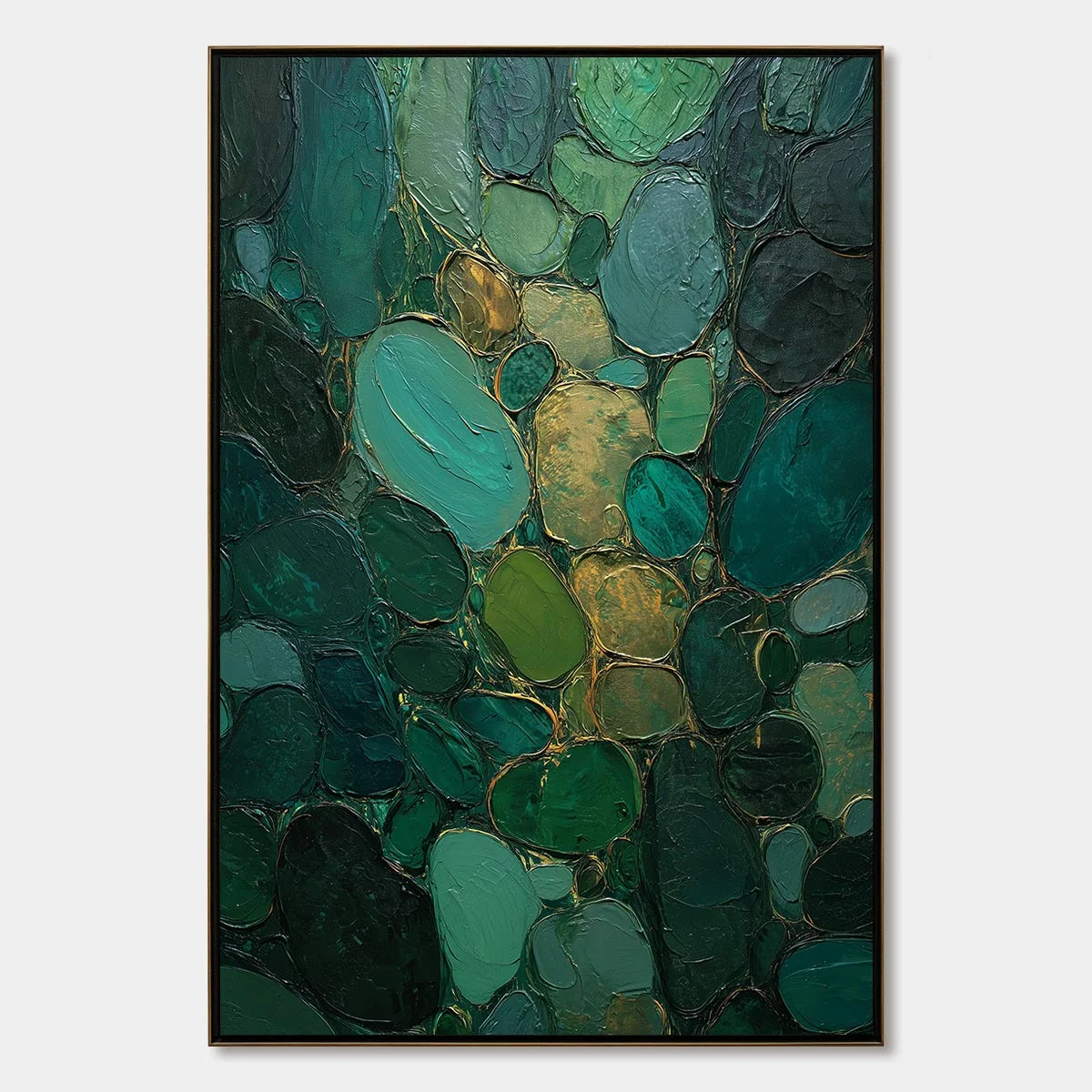 Emerald Riverbed Green Gold Textured Abstract Oil Painting | hanging in Emerald Riverbed Green Gold Textured Abstract Oil Painting featuring layered textured brushwork in refined tones; abstract co...