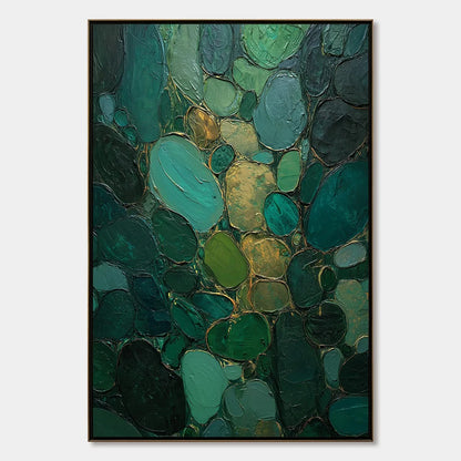 Emerald Riverbed Green Gold Textured Abstract Oil Painting | hanging in Emerald Riverbed Green Gold Textured Abstract Oil Painting featuring layered textured brushwork in refined tones; abstract co...