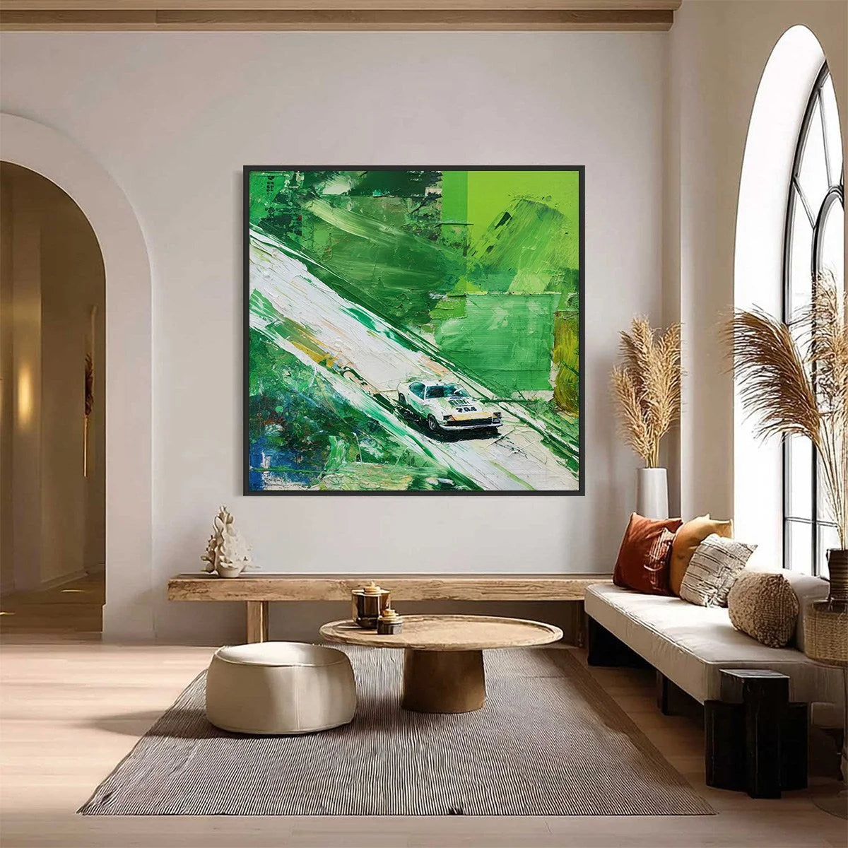 EMERALD RUSH: Textured Sports Car Racing Impasto Oil Painting | Abstract closeup, raised brushwork detail